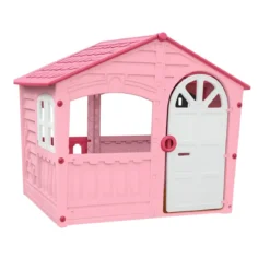 Casetta da Giardino per Bambini Rosa in Plastica Porta e Finestre Apribili