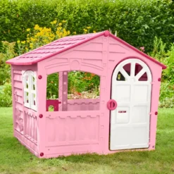 Casetta da Giardino per Bambini Rosa in Plastica Porta e Finestre Apribili