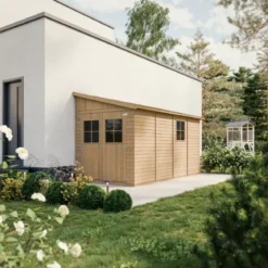 Casetta da Giardino 2x4 m in Legno 17 mm Addossata Aperta Doppia Porta