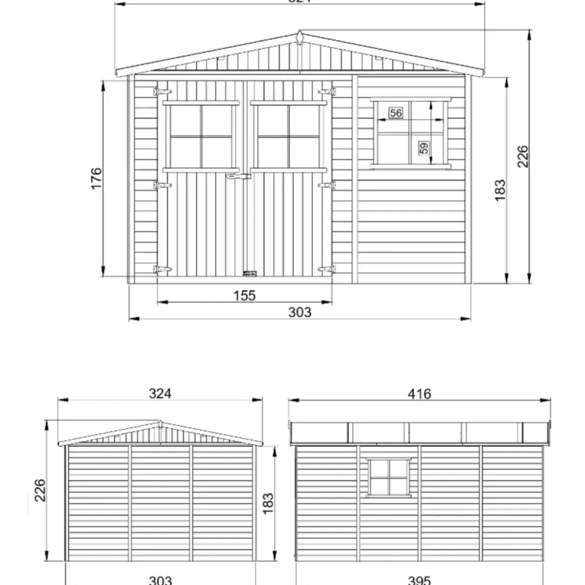 Casetta da Giardino 3x4 m Legno 17 mm Tetto OSB Doppia Porta Finestre