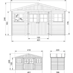Casetta da Giardino 4x2 m Legno 17 mm Tetto OSB Doppia Porta Finestre