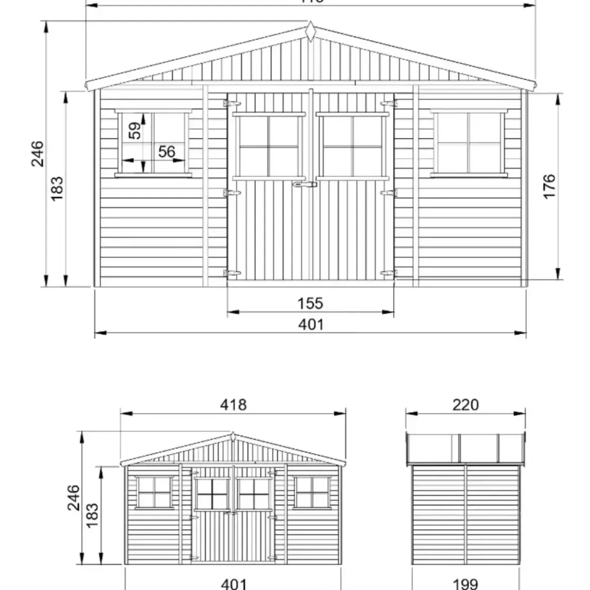 Casetta da Giardino 4x2 m Legno 17 mm Tetto OSB Doppia Porta Finestre
