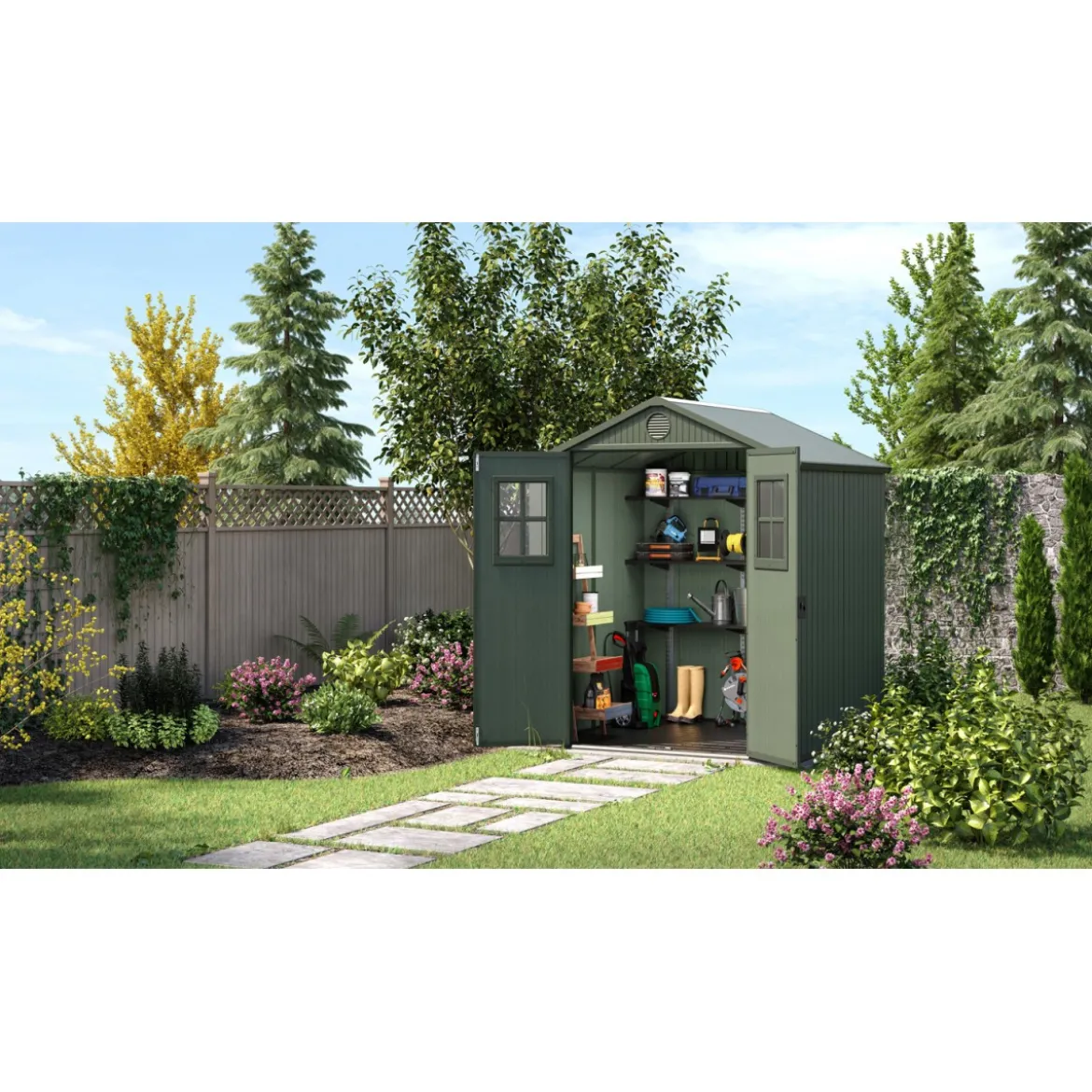 Casetta da Giardino 190x183x221 cm EVOTECH Effetto Legno con Finestre