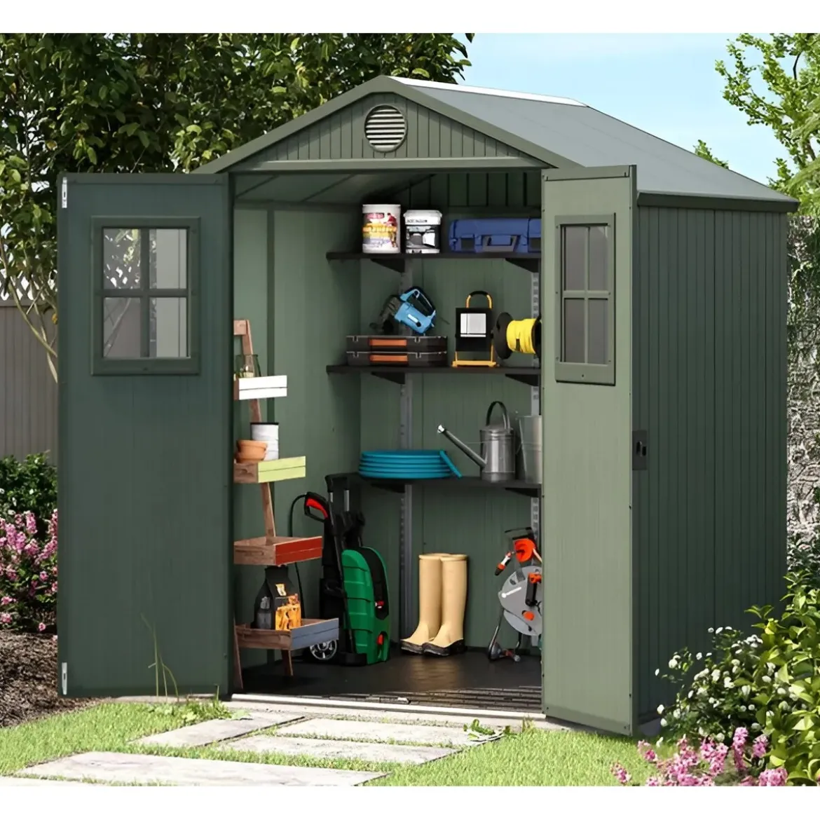 Casetta da Giardino 190x183x221 cm EVOTECH Effetto Legno con Finestre