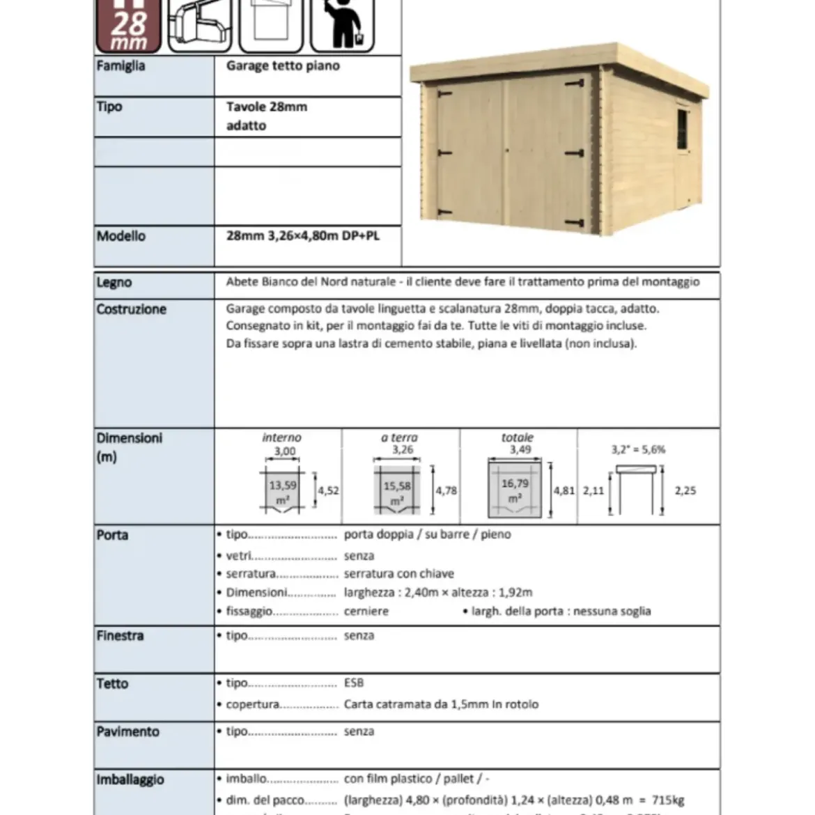 Casetta Garage Box in Legno Abete 28mm da Giardino 3x5 Porta Doppia