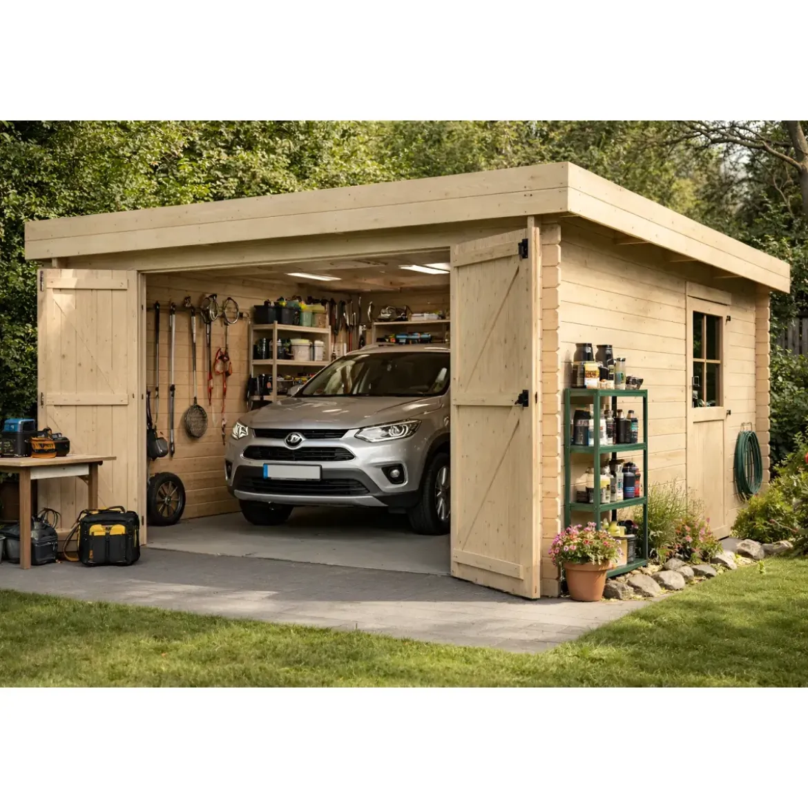 Casetta Garage Box in Legno Abete 28mm da Giardino 3x5 Porta Doppia