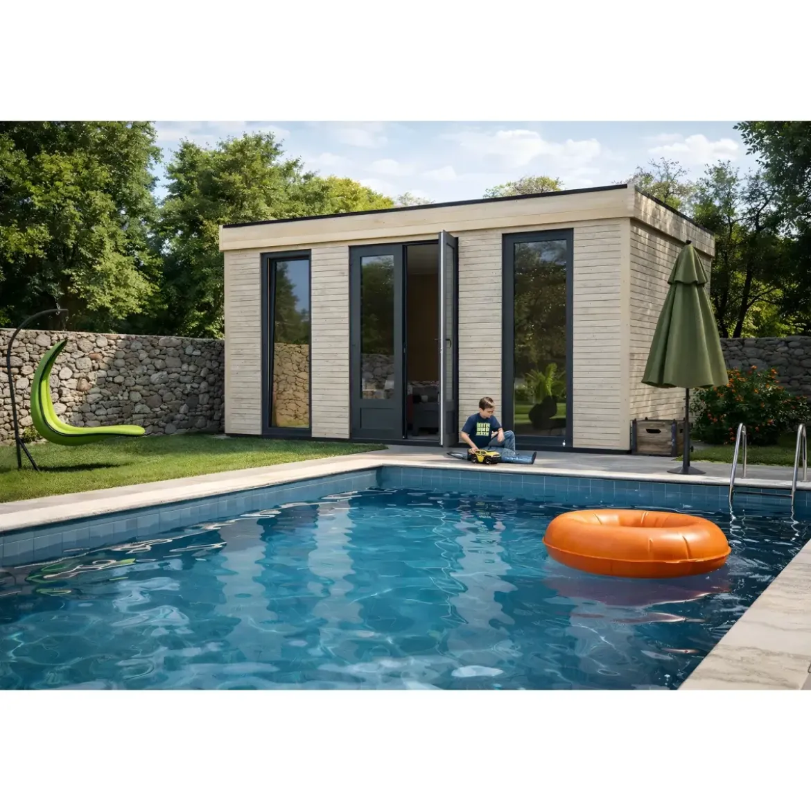 Casetta in Legno Abitabile 5x3.6 metri Parete Isolanti Porta Finestra Giardino