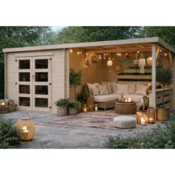 Casetta in Legno da Giardino 632×298 cm Doppia Porta a Vetri Portico
