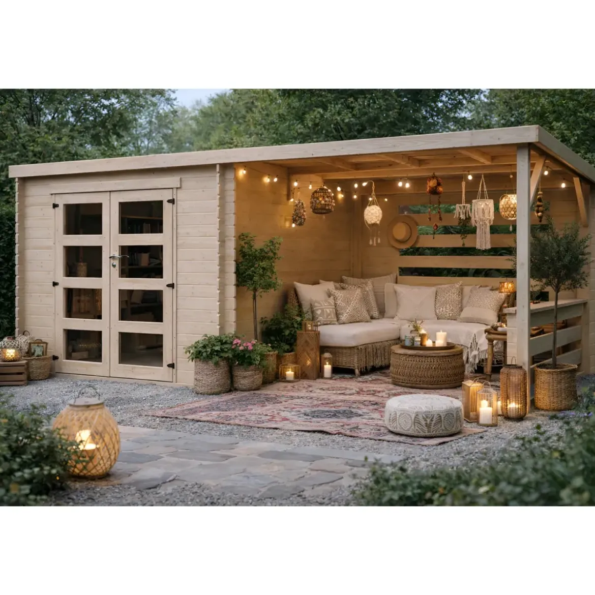 Casetta in Legno da Giardino 632×298 cm Doppia Porta a Vetri Portico