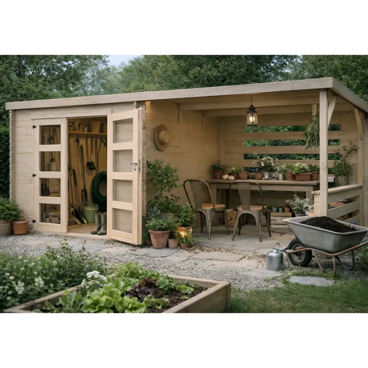 Casetta in Legno da Giardino 632×298 cm Doppia Porta a Vetri Portico