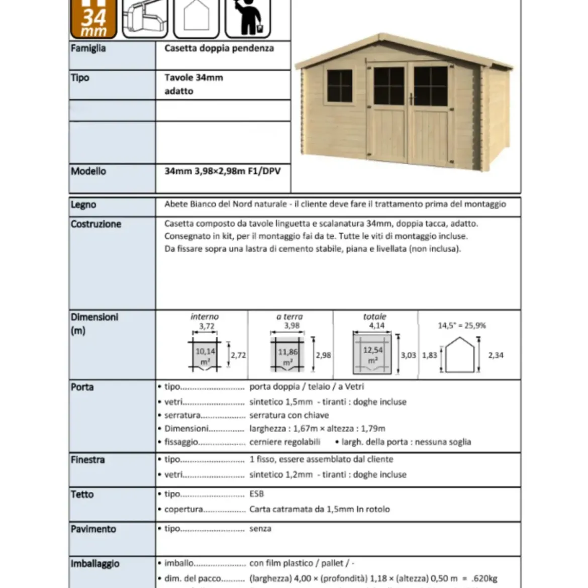 Casetta in Legno da Giardino 4x3 Doppia Porta Block-House 34mm