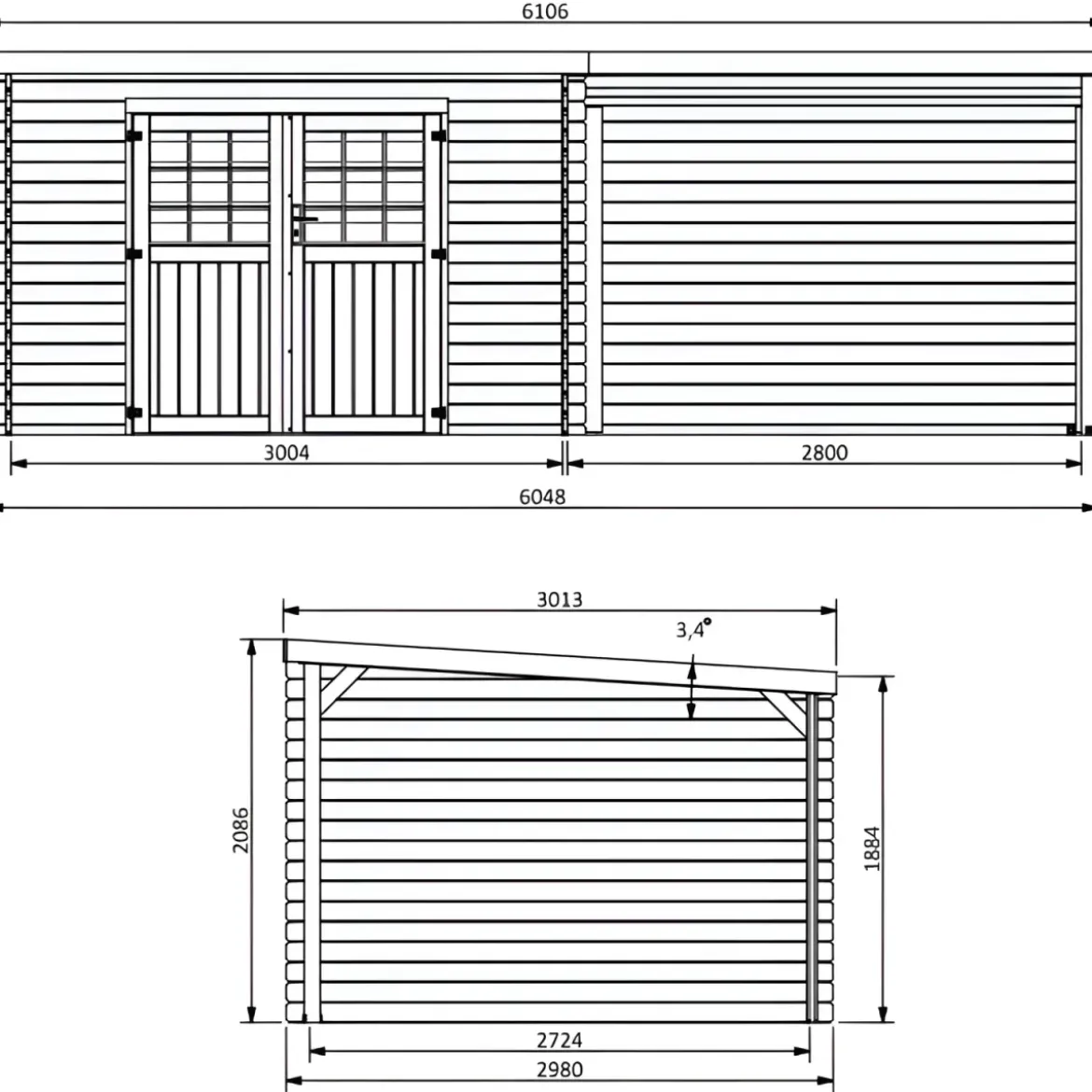 Casetta in Legno di Abete 6x3 Doppia Porta con Vetri Portico Laterale