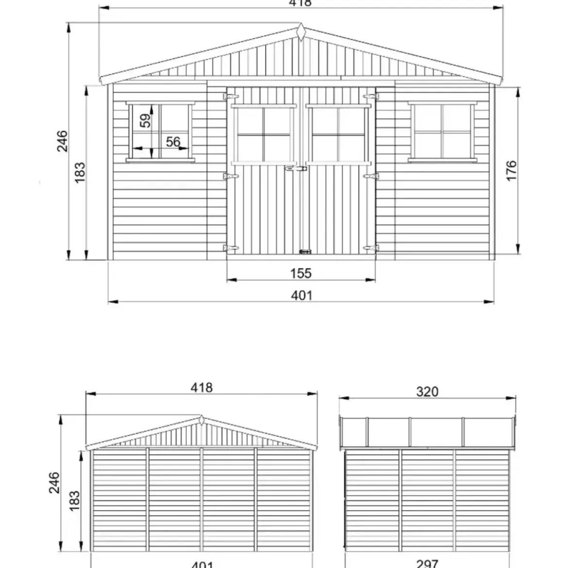 Casetta in Legno Giardino 4x3 17 mm Pavimento Porte Doppie Finestre