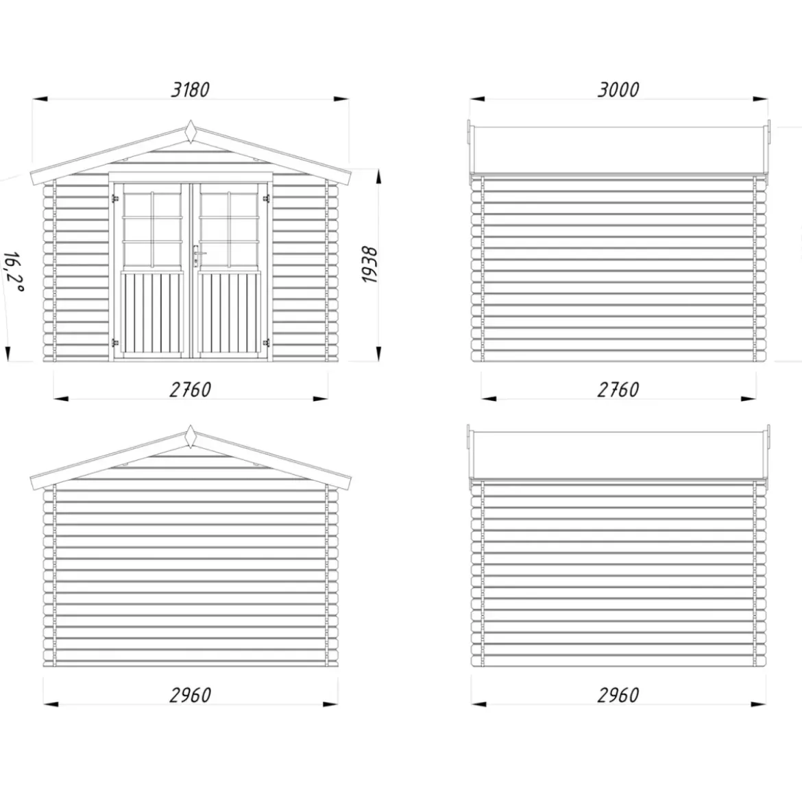 Casetta in Legno Impregnato 296x296 cm Blockhouse 28 mm Doppia Porta