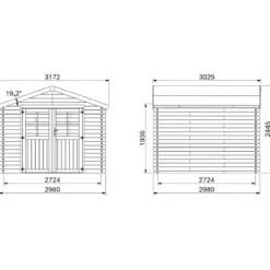 Casetta in Legno 34mm Grezzo da Giardino 3x3 Doppia Porta Vetrata