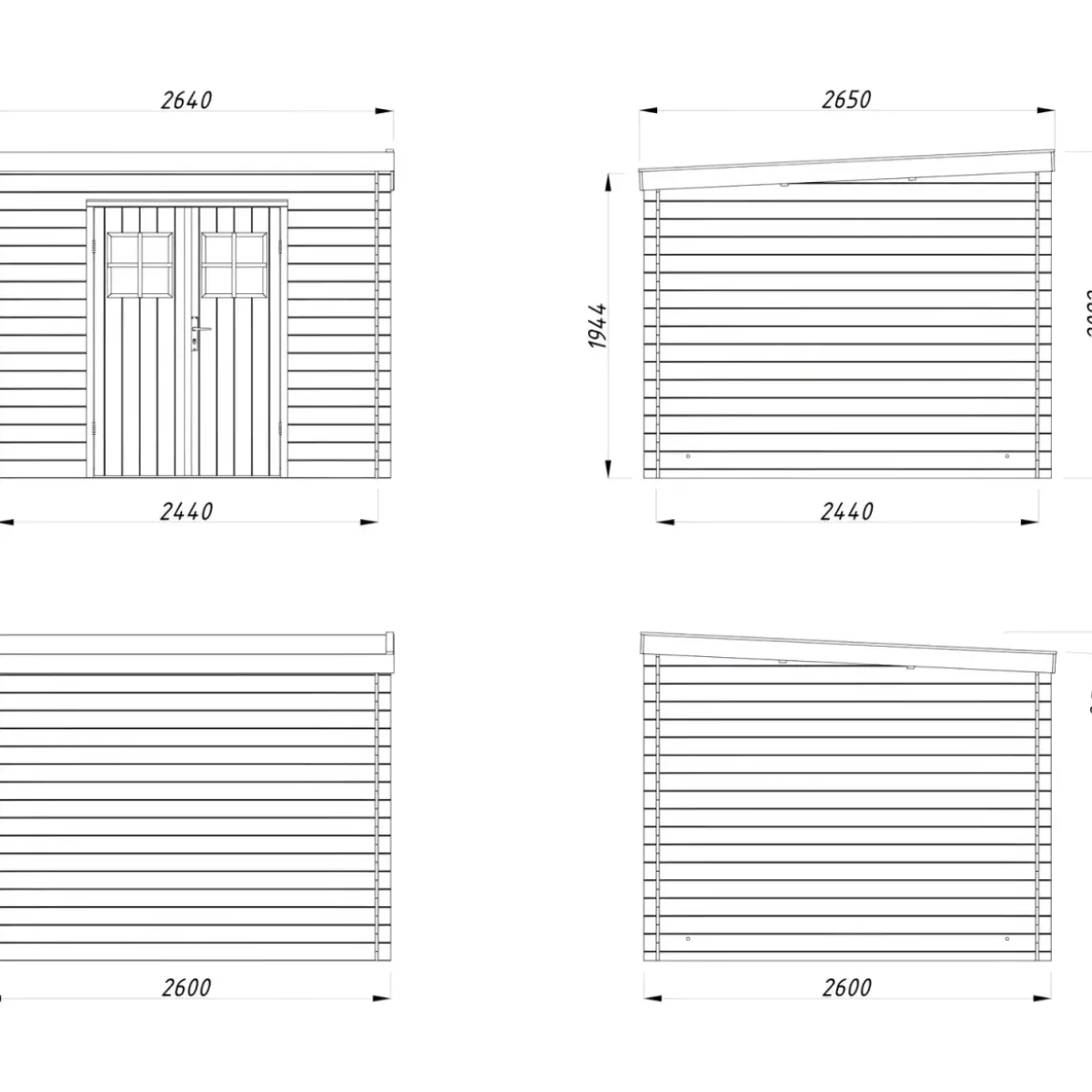 Casetta in Legno 19 mm 260x260 cm Blockhouse Tetto Perline Doppia Porta