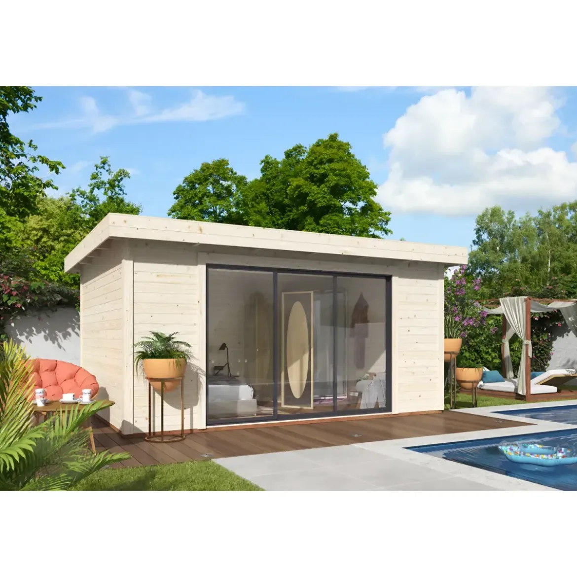 Casetta in Legno Naturale 28 mm 450x330 cm Porta Scorrevole in Vetro