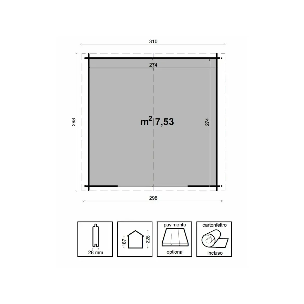 Casetta in Legno 3x3 28 mm da Giardino Rimessa per Attrezzi Blockhouse