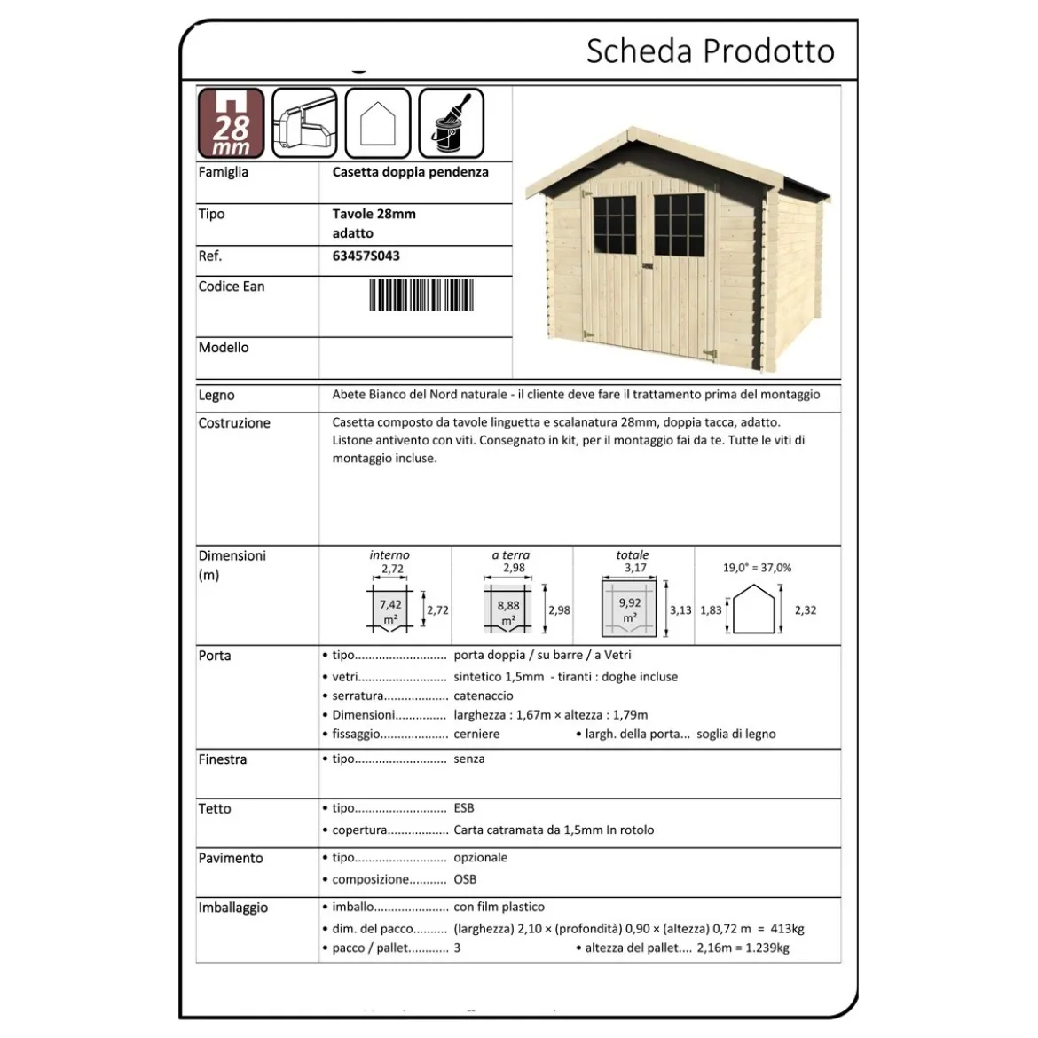 Casetta in Legno 3x3 mt 28 mm Block House Moderna Porta Attrezzi da Giardino