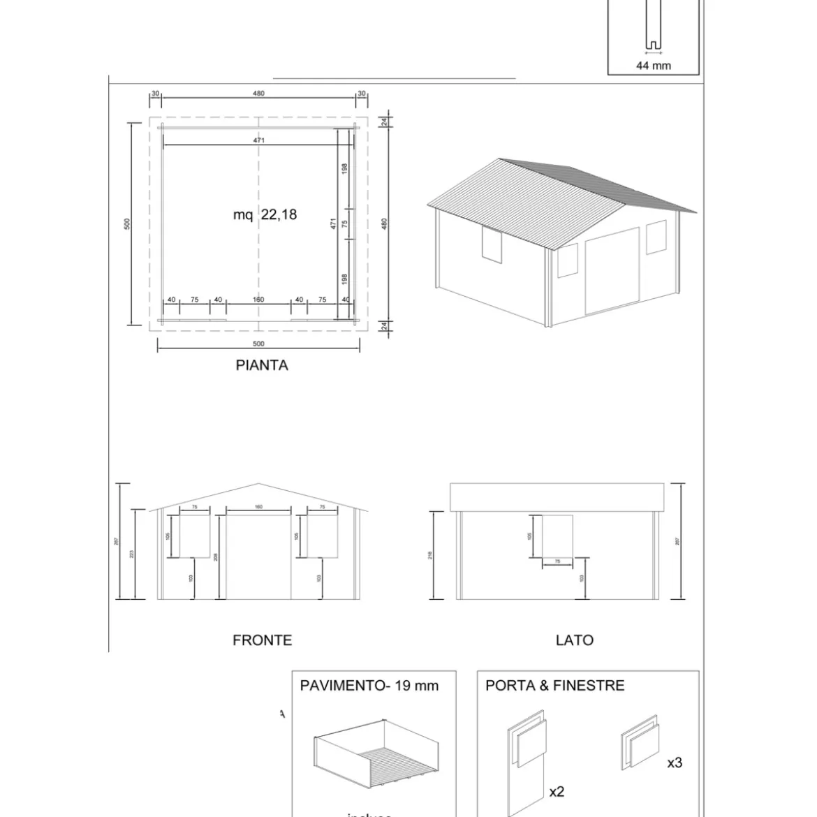 Casetta in Legno 5x5 mt 44 mm Rimessa Attrezzi Blockhouse da Giardino