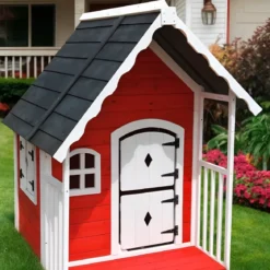 Casetta Legno per Bambini 113x97 cm Rosso con Pavimento da Giardino