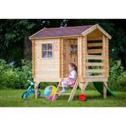Casetta per Bambini con Veranda e Scivolo Timbela da Giardino in Legno