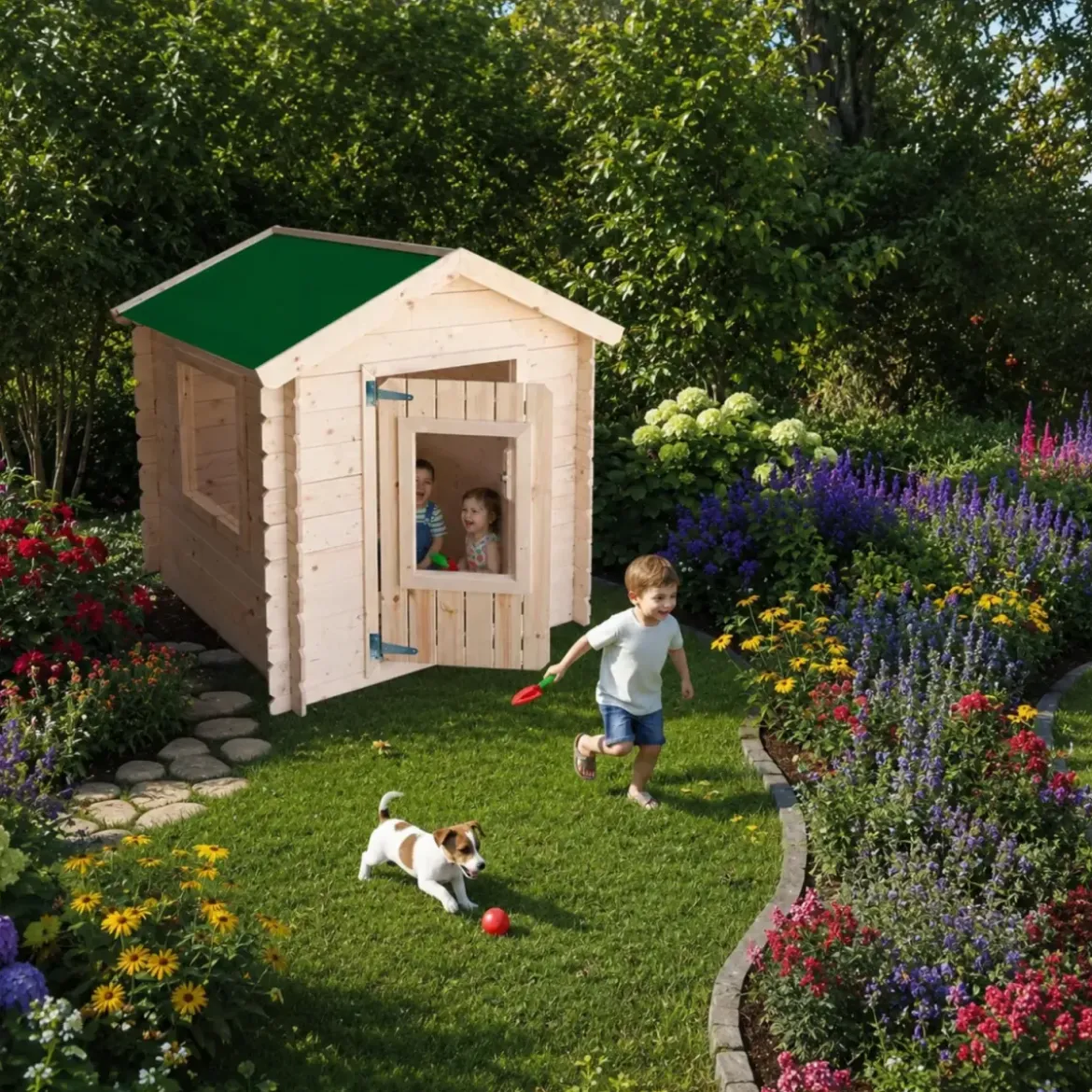 Casetta per Bambini in Legno Snoopy 98x98x112cm con Porta Finestrata