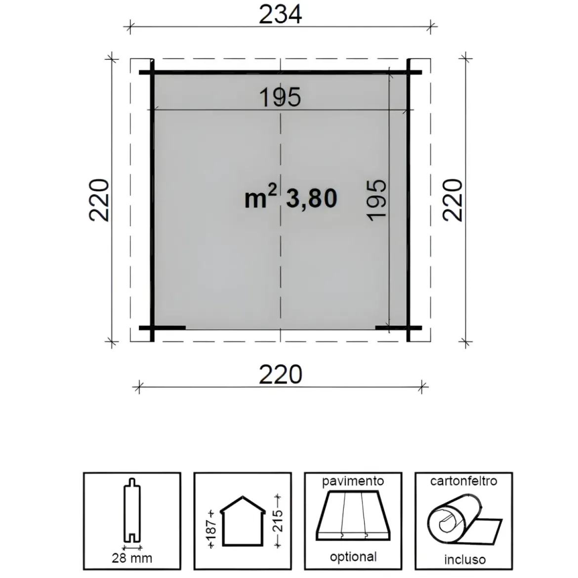 Casetta 2.2x2.2 in Legno 28 mm da Giardino Blockhouse
