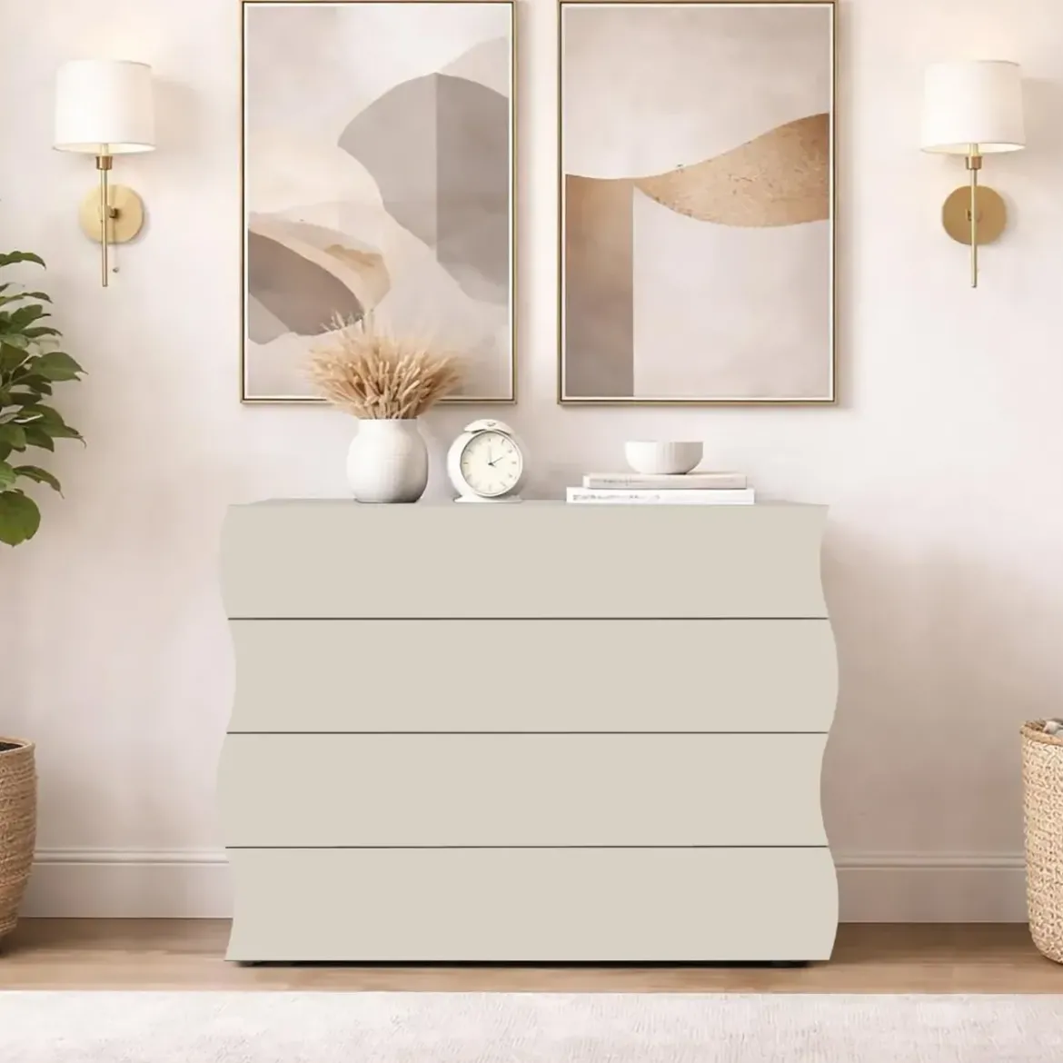 Cassettiera 4 Cassetti Madia in Legno Beige Cachemire Camera Ingresso