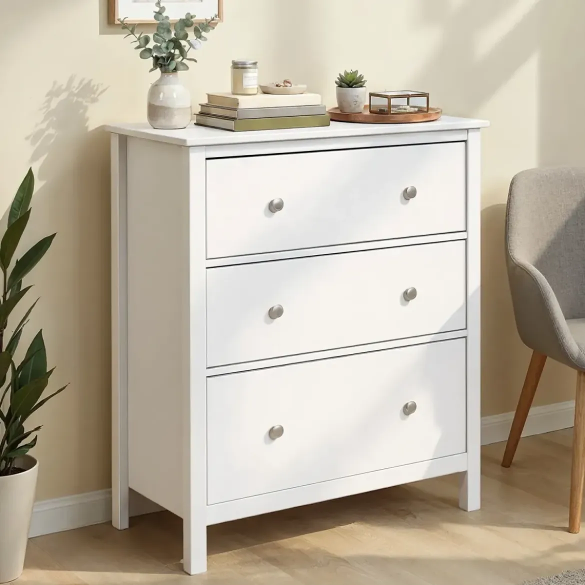 Cassettiera Credenza da Cucina 3 Cassetti in Legno Bianco Moderna