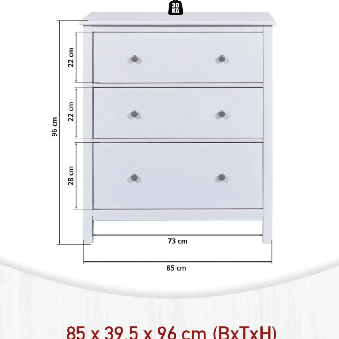 Cassettiera Credenza da Cucina 3 Cassetti in Legno Bianco Moderna