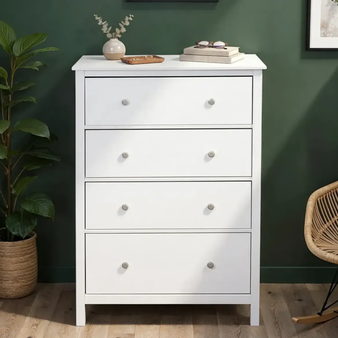 Cassettiera Credenza da Cucina 4 Cassetti in Legno Bianco Moderna