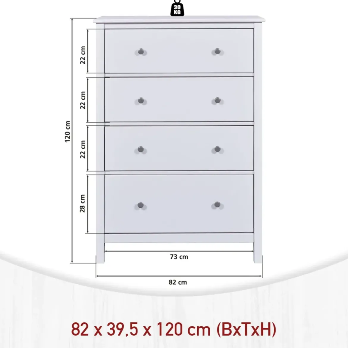 Cassettiera Credenza da Cucina 4 Cassetti in Legno Bianco Moderna
