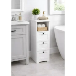 Cassettiera in Legno Bianco Slim 3 Cassetti 1 Ripiano Salvaspazio
