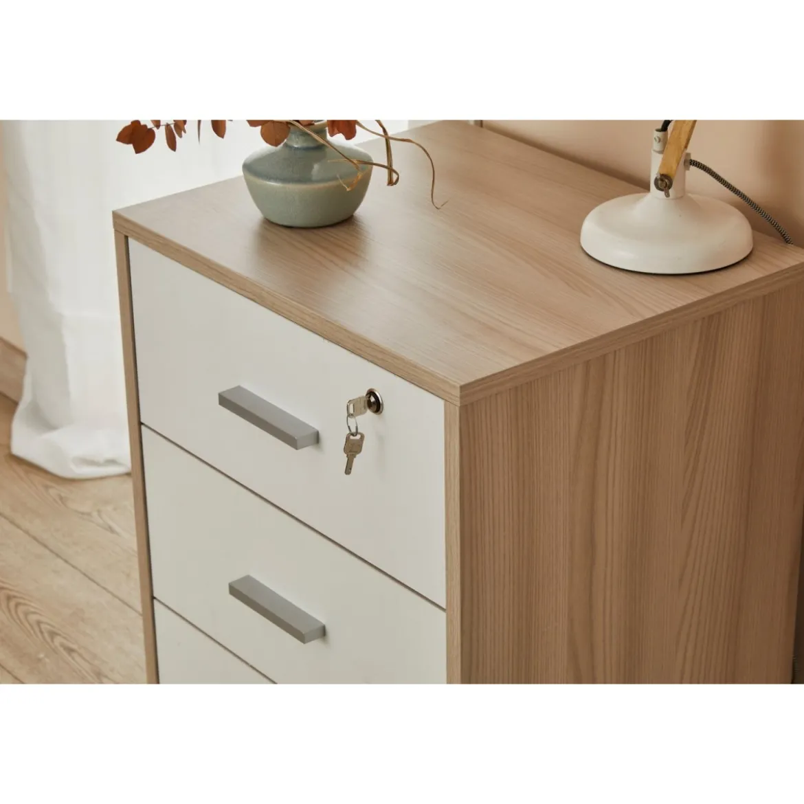 Cassettiera in Legno Olmo Bianca 3 Cassetti con Chiave Ruote Scrivania Ufficio