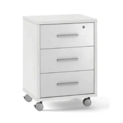 Cassettiera in Legno Ossido Bianco 3 Cassetti con Chiave Ruote Scrivania Ufficio
