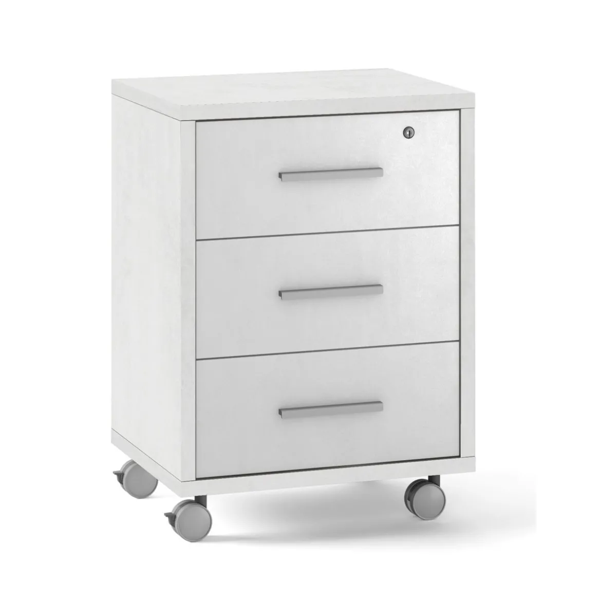 Cassettiera in Legno Ossido Bianco 3 Cassetti con Chiave Ruote Scrivania Ufficio