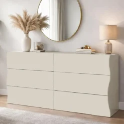 Cassettiera Madia 6 Cassetti 150 cm Legno Beige Cachemire Soggiorno