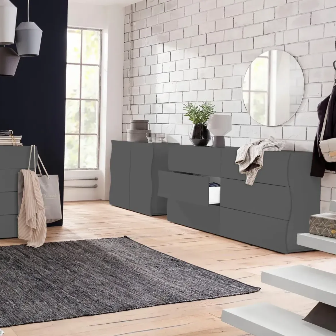 Cassettiera Madia con 6 Cassetti 150 cm in Legno Antracite Opaco