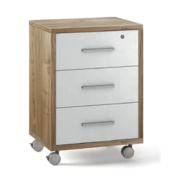 Cassettiera Ruote Mobile Noce Bianco 3 Cassetti con Chiave Ufficio Legno