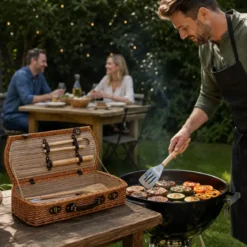 Cesto Barbecue con Set 5 Utensili Valigetta in Vimini per Picnic