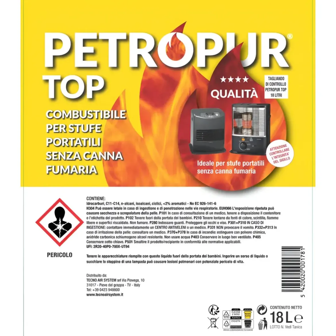 Combustibile Liquido 4 Taniche Riciclabile 18L per Stufa Senza Fumo