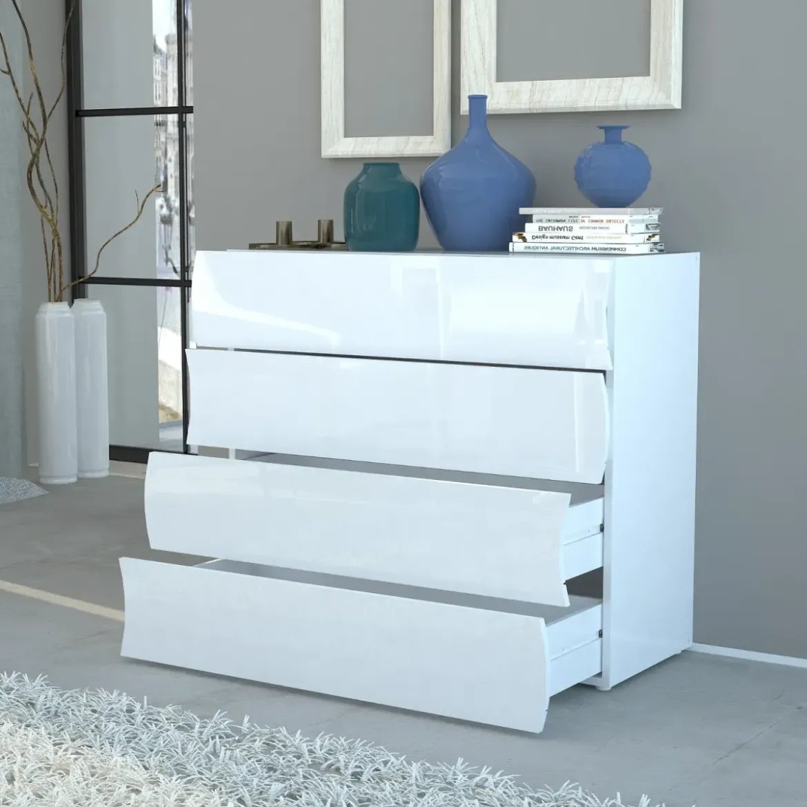 Como a 4 Cassetti Cassettiera in Legno Mobile Bianco Lucido da Ingresso