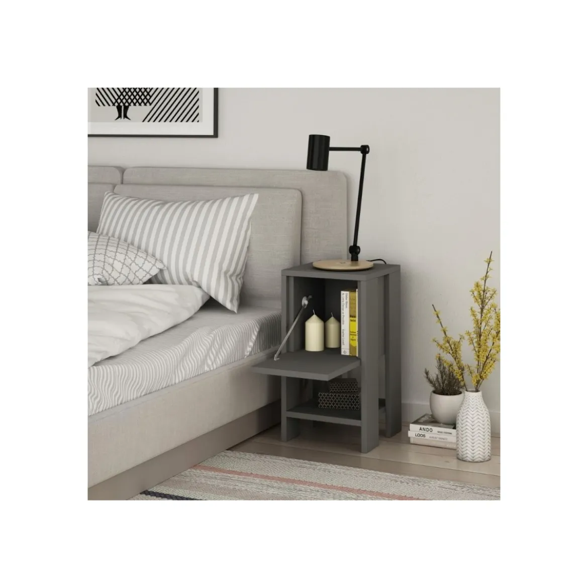 Comodino Antracite con Anta a Ribalta 30x30x55