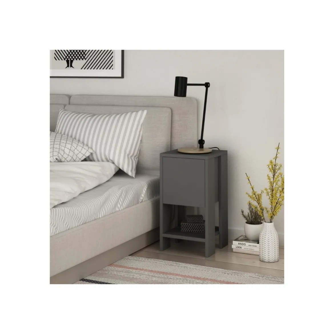 Comodino Antracite con Anta a Ribalta 30x30x55