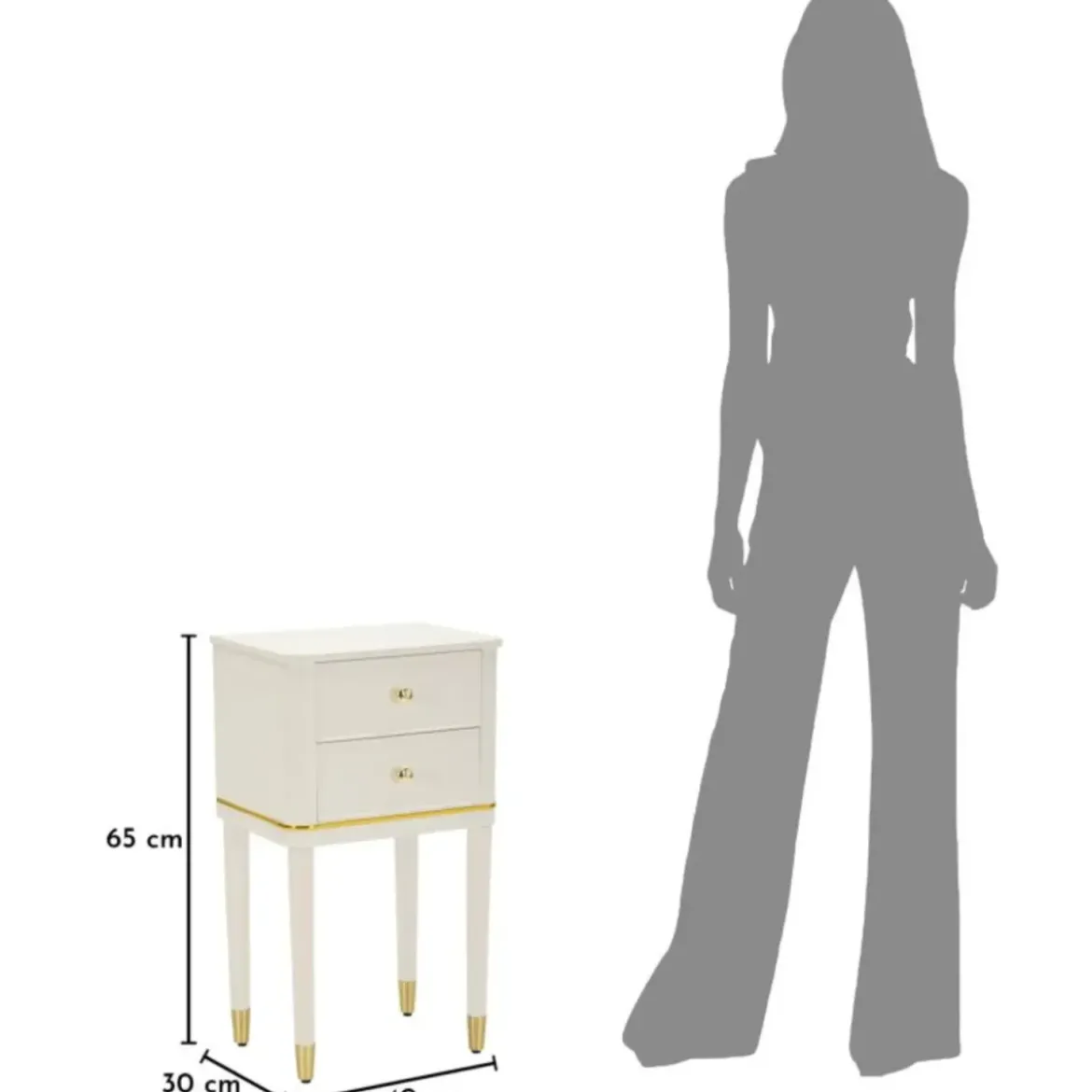 Comodino Camera da Letto 2 Cassetti in Legno Ferro Bianco Oro