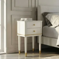 Comodino Camera da Letto 2 Cassetti in Legno Ferro Bianco Oro