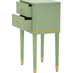 Comodino Camera da Letto 2 Cassetti in Legno Ferro Verde Oro