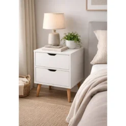 Comodino 2 Cassetti Gambe in Legno Bianco Moderno Camera da Letto