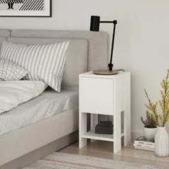 Comodino con Anta a Ribalta e Ripiano Bianco per Camera da Letto